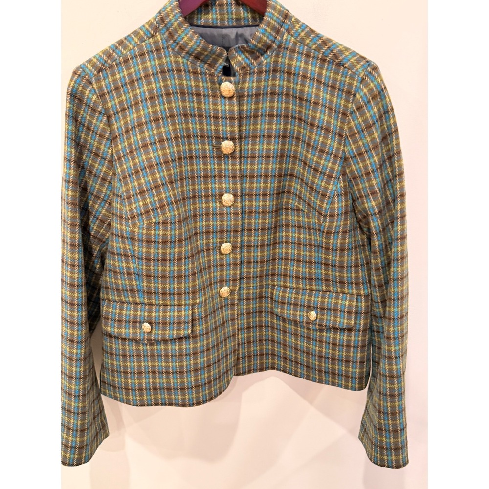 Talbots Womens Plaid Wool Blend Jacket Gold Button Stand Collar Brown Blue 14